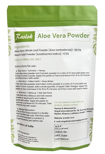 Raslok Natural Aloe Vera Powder for Skin and Hair Care - 3.52 oz