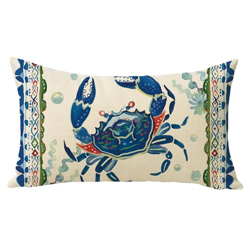 Coastal Crab Lumbar Throw Pillow Cover 12x20 - Cotton Linen