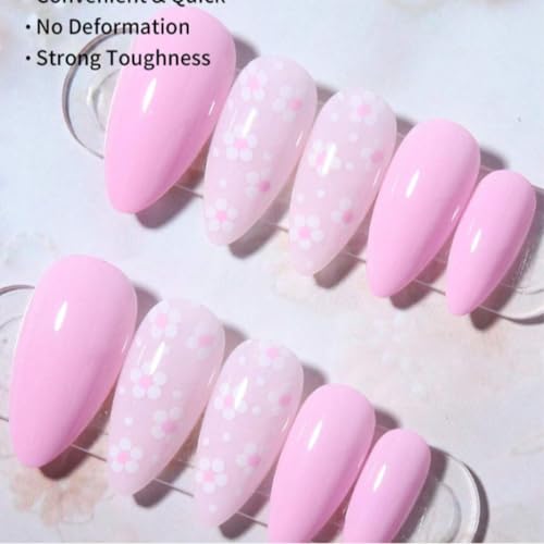 Pink Press on Nails Medium Almond Fake Nails with Flower Design 24 Pcs
