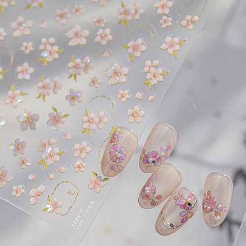 BUNLVDI 5D Embossed Pink Flower Nail Stickers Self-Adhesive Floral Decals