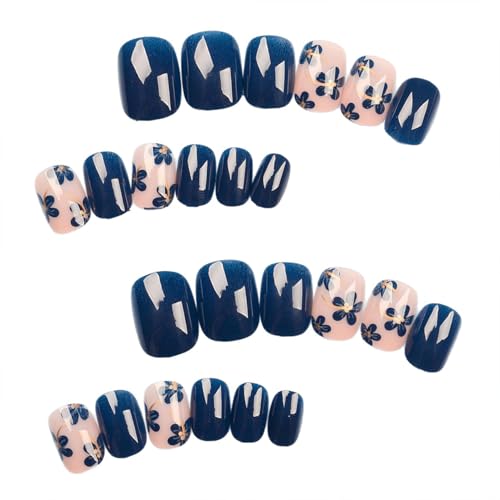 Toypoels Dark Blue Flower Press on Nails Short Square Acrylic False Nails