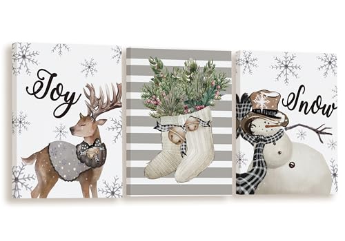 Christmas Wall Art Prints Set of 3 - Reindeer Snowman Holiday Decor 11x14 Inches
