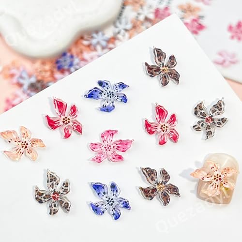 Quezadyl 100PCS 3D Hibiscus Flower Nail Art Charms Colorful Floral Resin Gems