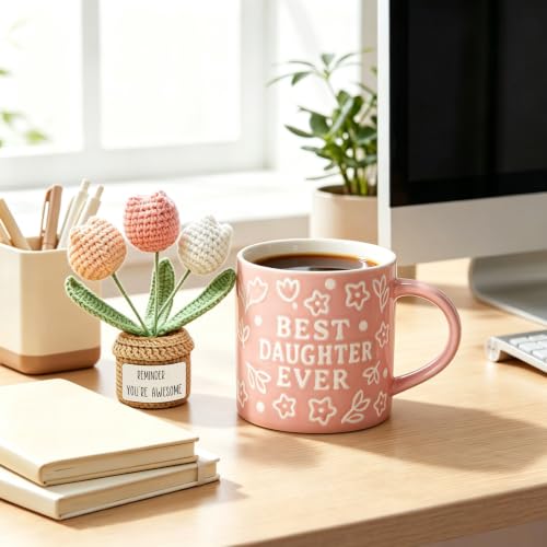 Best Daughter Embossed Ceramic Mug with Handmade Crochet Tulip Gift Set
