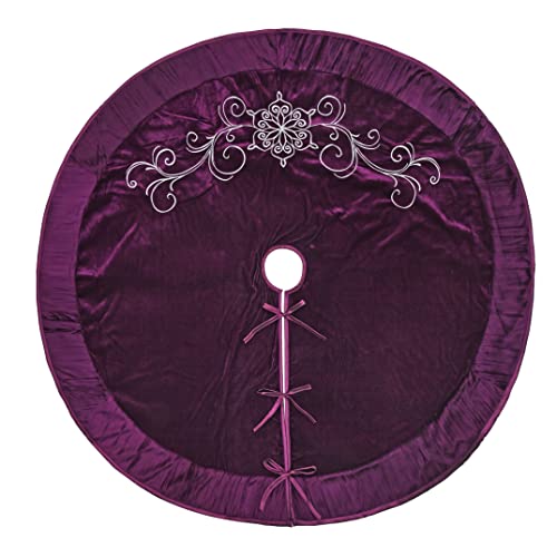 50 Inch Velvet Christmas Tree Skirt with Embroidered Flowers and Pleat Border - Purple