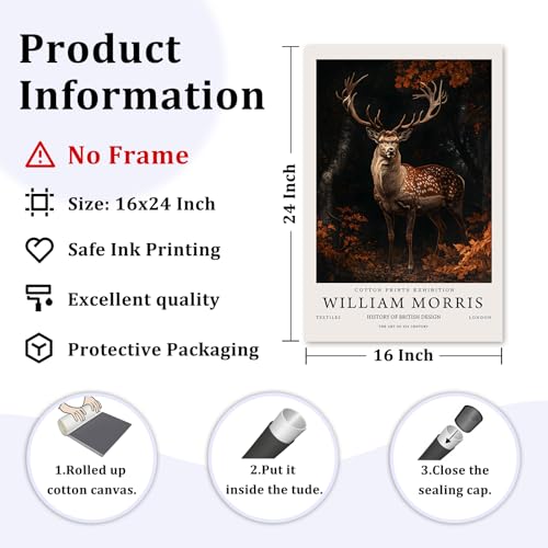 William Morris Vintage Dark Deer Wall Art - 16x24in Frameless Canvas