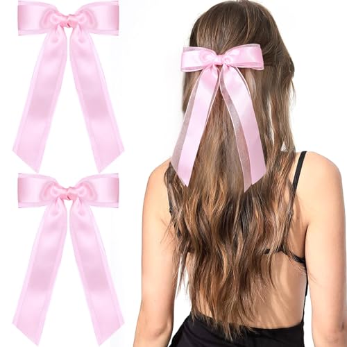 VOBOBE 2PCS Pink Hair Bows with Long Tails Satin Silk Ribbon Hair Clips for Women and Girls