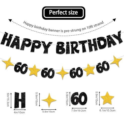 Happy 60th Birthday Banner, Black and Gold Glitter Party Decoration Sign