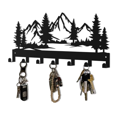 Hounahha 12-Inch Wall Mounted Key Holder with 7 Hooks, Mountain & Grove Design, Black Metal Storage Rack for Home & Office