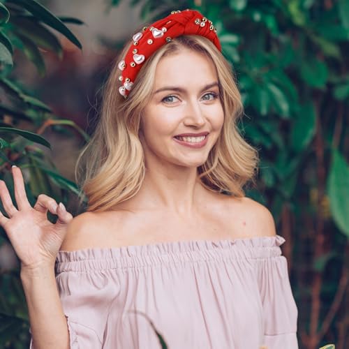 Yonchic Red Crystal Pearl Knotted Headband for Women Rhinestone Hair Band