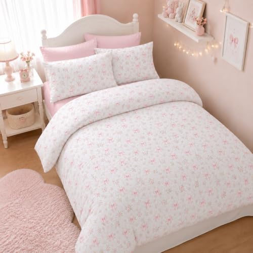 Pink Floral Twin Duvet Cover Set with Bow - Kids Girls Bedding 2Pcs