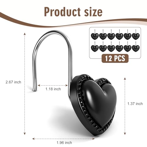 BBV Stainless Steel Shower Curtain Hooks - 12 Pcs Glide Rings, Black