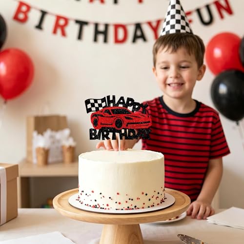 Race Car Birthday Cake Topper - Red Glitter Racing Theme Decor
