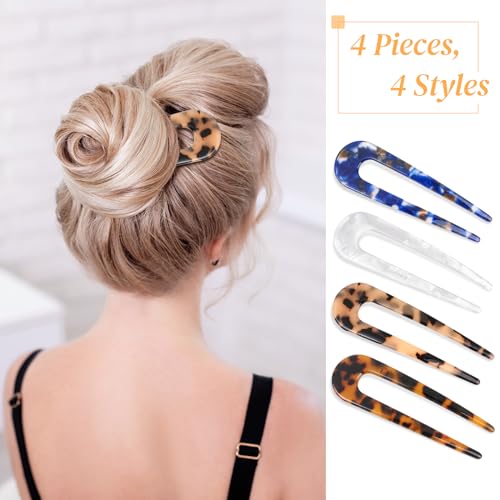 Sublaga 4Pcs French Hair Forks, U Shaped Cellulose Acetate Hair Pins