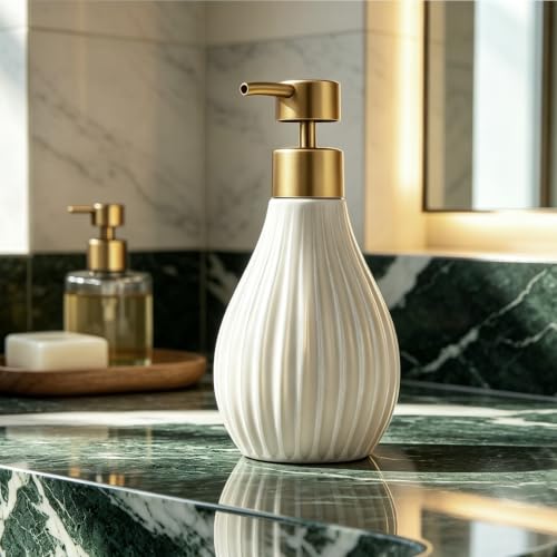 Beige Ceramic Soap Dispenser with Gold Pump - 10 Oz for Kitchen & Bathroom