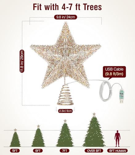 Christmas Tree Star Topper LED Glitter Metal 3D Lights - Champagne Gold