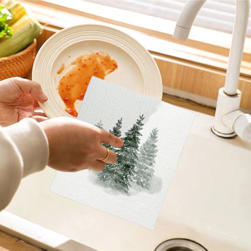 Christmas Pine Tree Swedish Dishcloths for Kitchen - Reusable & Washable 4 Pack - Christmas Tree Variation