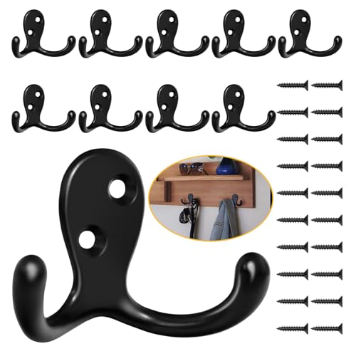 Homanu 10 Pack Black Double Prong Coat Hooks with Screws