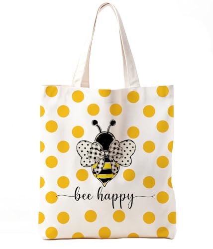 Bee Happy Canvas Tote Bag - Inspirational Reusable Grocery Bag