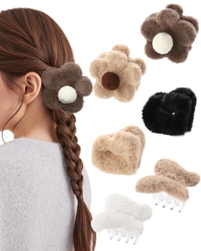 Secroma 6PCS Plush Hair Claw Clips Fuzzy Bow Flower Non-Slip Small Claws