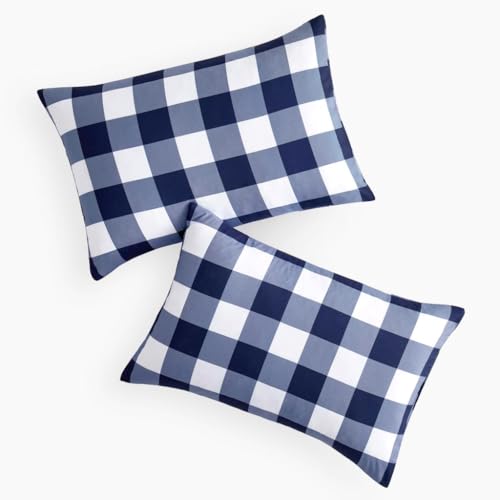 Wake In Cloud Navy Blue & White Buffalo Check Gingham Pillowcases Set of 2 20x26 Inches