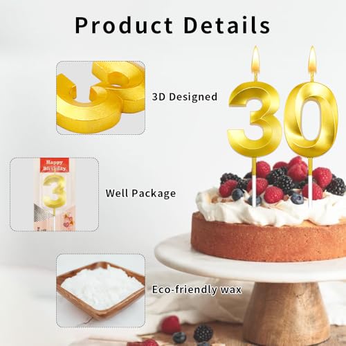Gold 30th Birthday Candles - 2 Pack Number Cake Topper