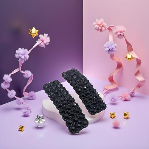 Black Rhinestone Snap Hair Clips Rectangular Hair Barrettes 2Pcs