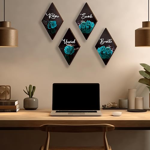 ONIZHITY Set of 4 Teal Rose Wall Decor Signs - Breathe, Soak, Unwind, Relax