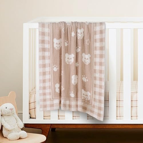 Checkered Beige Teddy Bear Baby Blanket 30x40 Inch Soft Knitted Plush Nursery Throw