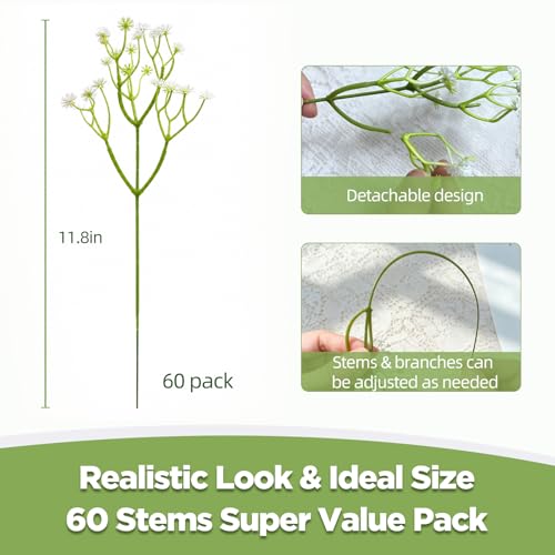 60 Pcs Long Stem Artificial Baby's Breath Flowers for Decor