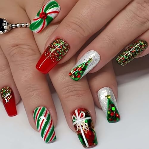 LINMEIZAI Short Square Christmas Press on Nails Glitter False Acrylic Kit