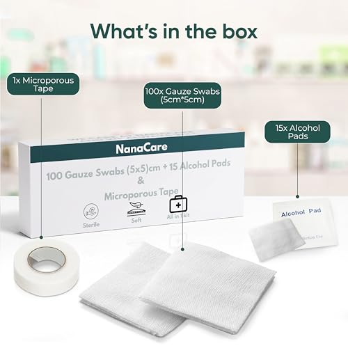 100 pc Large Gauze Pads Sterile for Wounds Bulk 2x2 | Includes 15 Alcohol Wipes & 1 Medical Tape | Non Stick Gauze Pads Sponges | Breathable Mesh First Aid Medical Supplies for Wound Care