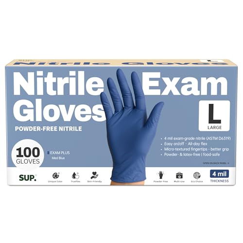 SUP Powder-Free Nitrile Exam Gloves, Large Blue, 100 Count