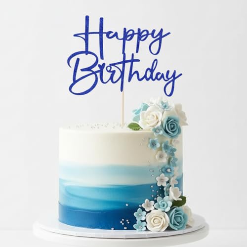 Navy Blue Glitter Happy Birthday Cake Topper - Handmade Decoration