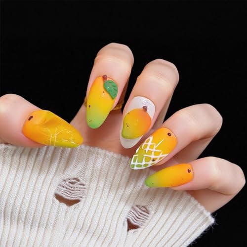 Almond Press on Nails Medium Yellow Glossy Tropical Fruit False Nails 24Pcs