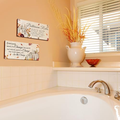 Fall Bathroom Decor - 2 Pcs Rustic Autumn Signs with Hangers