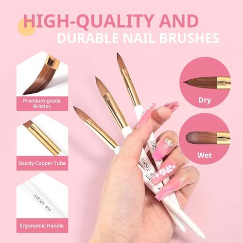 AIRSEE 3PCS Acrylic Nail Brush Set - Sizes 8, 10, 14 for Manicure & Nail Art