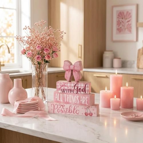 4-Piece Pink Bow Tiered Tray Decor for Home & Table