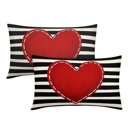 Valentine's Day Heart Lumbar Pillow Covers, 12x20 Inch Black & White, Set of 2