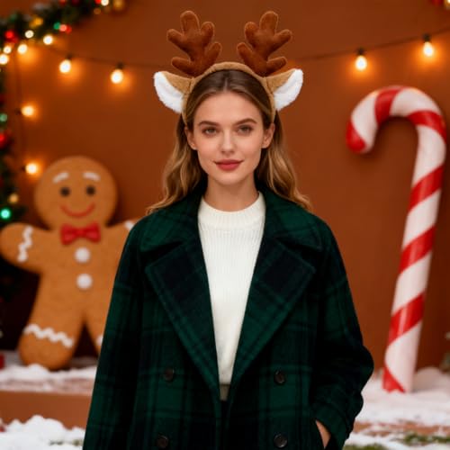 Christmas Reindeer Antlers Headband with White Furry Ears - Brown Holiday Hair Accessory for Women