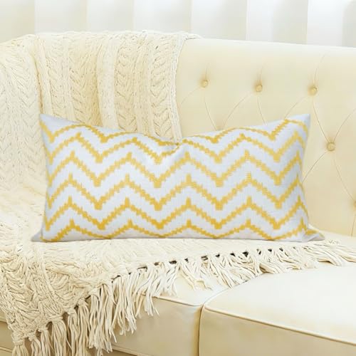 Slow Cow Embroidered Lumbar Pillow Cover 12x24 Inch - Yellow Gold Mountain