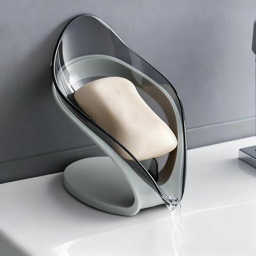 Grey Leaf-Shaped Soap Dish – Self-Drain Soap Holder for Shower & Sink