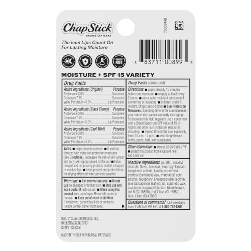 ChapStick Moisturizer 2-in-1 Lip Balm Variety Pack SPF 15, 3-Pack