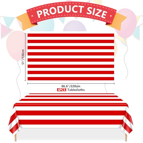 4 Pcs Red and White Striped Tablecloths, 51 x 86 in for Parties