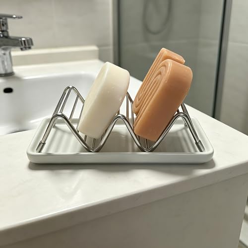 Lofekea Ceramic Soap Dish with Stainless Steel Holder - Space-Saving Design