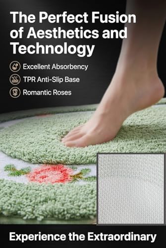 QMEAKMONY Green Rose Flower Shaggy Bathroom Rug 1'4" x 2' Oval