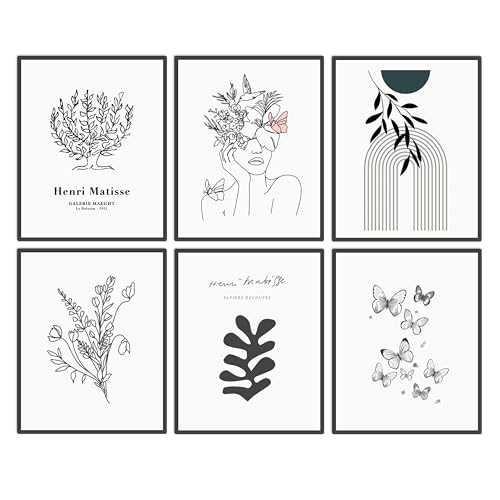 Boho Wall Art Set of 6 for Bedroom Decor - Minimalist Line Art Prints