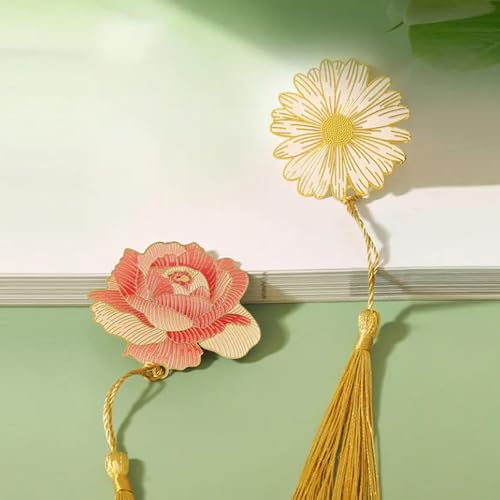 2pcs Elegant Metal Rose and Peony Bookmarks with Tassel Clips