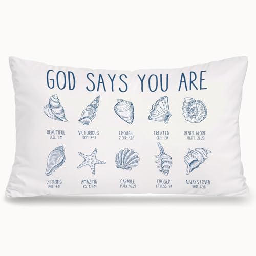 Bible Verse Seashell 12x20 Inch Throw Pillow Cover, Coastal Christian Decor