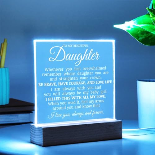 LED Square Acrylic Plaque - Inspirational Gift for Daughter with Wooden Base